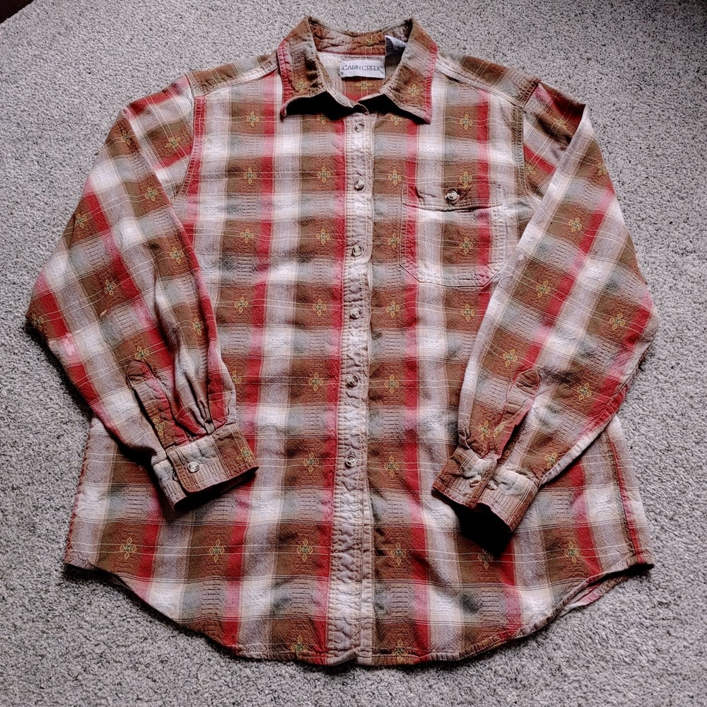 Cabin Creek Womens Large Red Brown Plaid Button Down Shirt Textured Cotton L